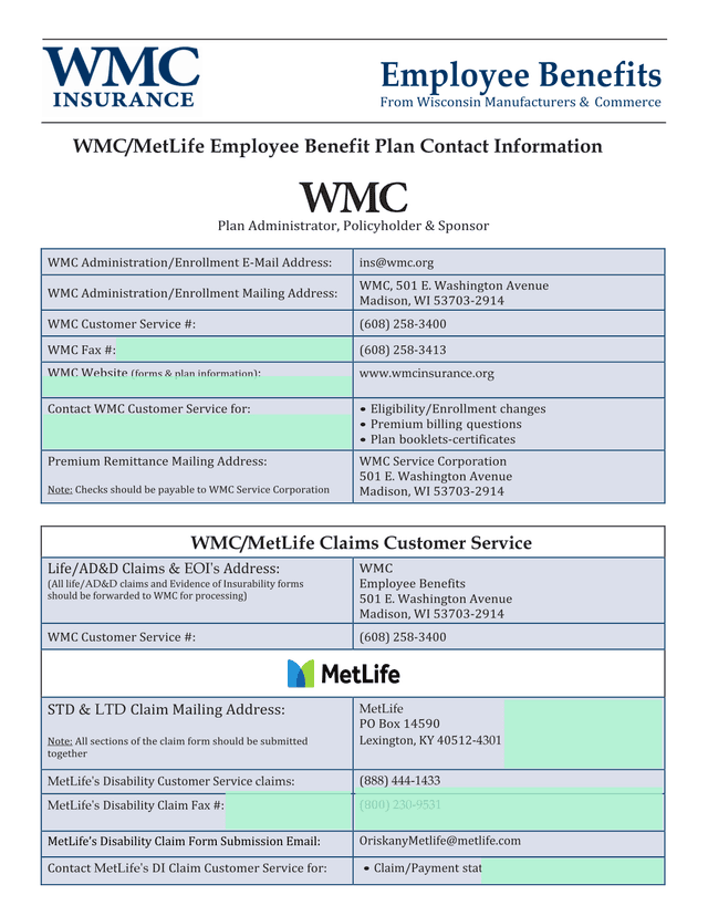 WMCMetLife Employee Benefit Plan Contact Information screenshot