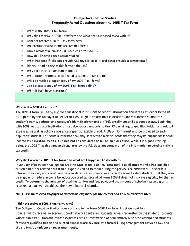 College For Creative Studies Frequently Asked Questions About The 1098 T Tax Form screenshot
