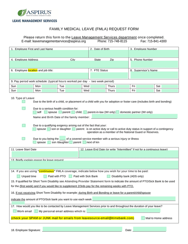 FAMILY MEDICAL LEAVE (FMLA) REQUEST FORM screenshot