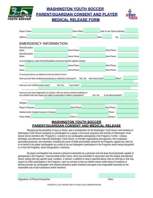 WASHINGTON YOUTH SOCCER PARENTGUARDIAN CONSENT AND PLAYER MEDICAL RELEASE FORM screenshot