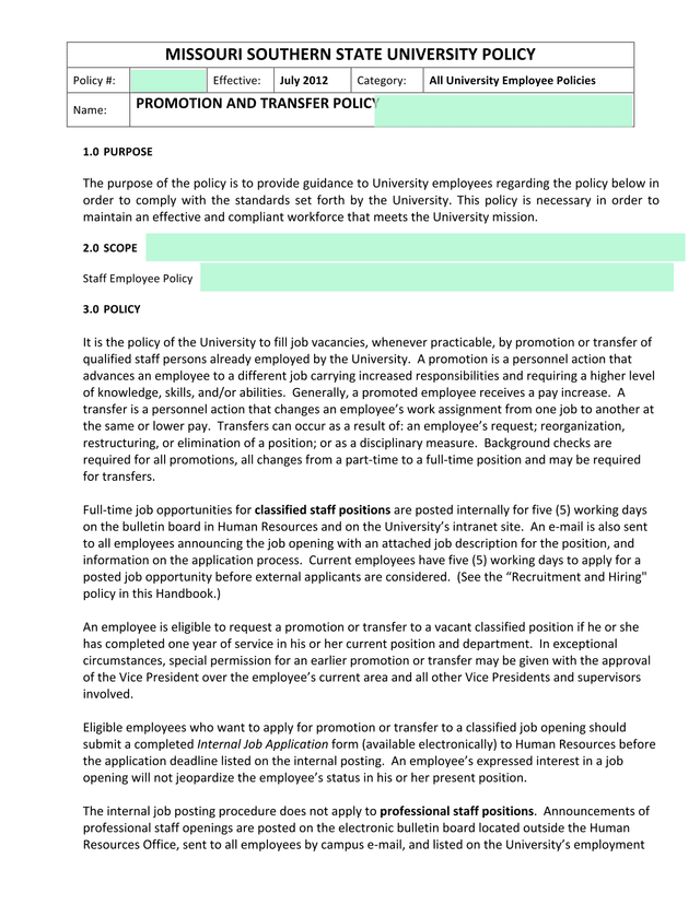 PROMOTION AND TRANSFER POLICY screenshot