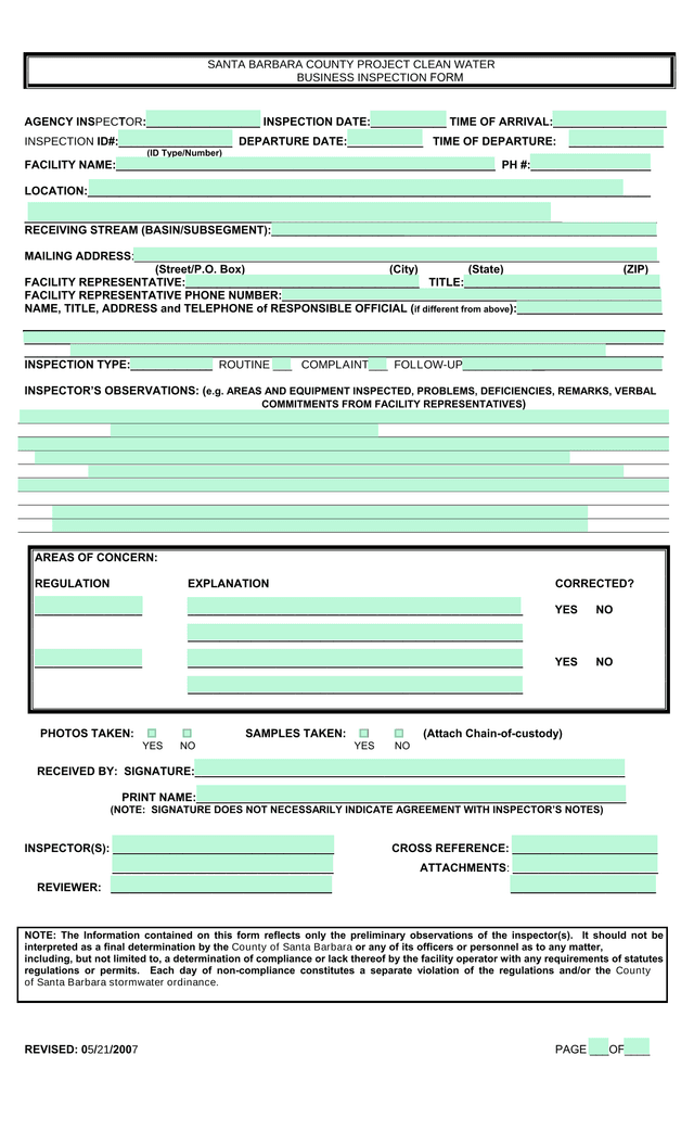 Santa Barbara County Project Clean Water Business Inspection Form screenshot