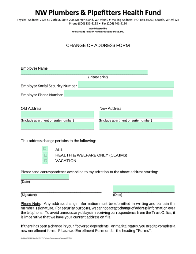 NW Plumbers  Pipefitters Health Fund Change Of Address Form screenshot