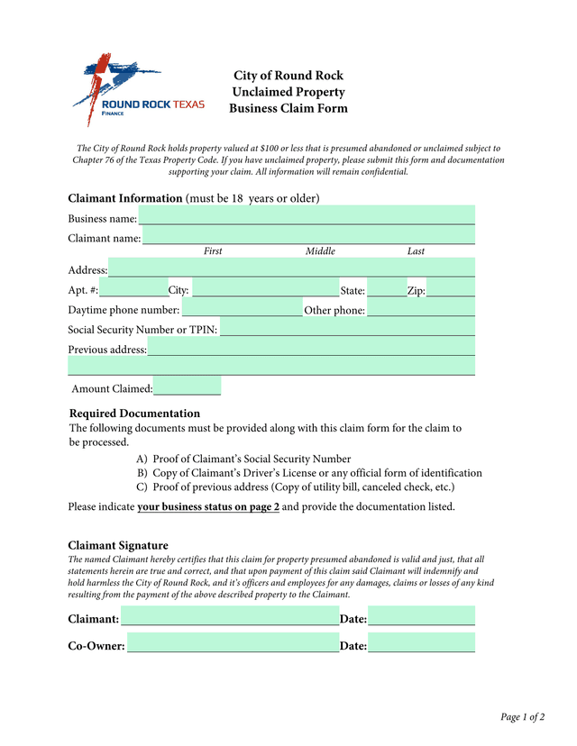 City Of Round Rock Unclaimed Property Business Claim Form screenshot