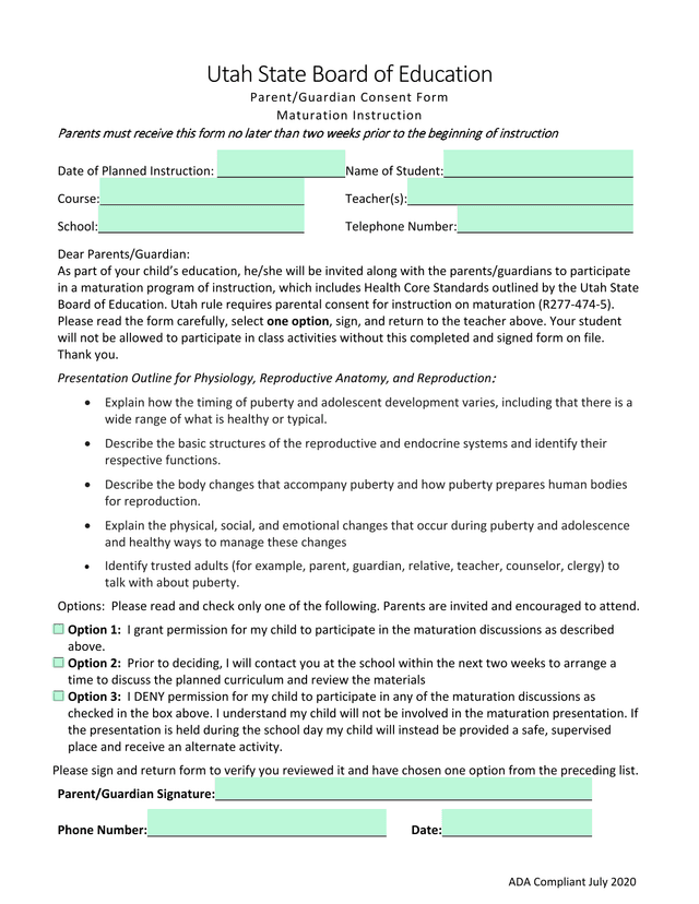 Utah State Board Of Education ParentGuardian Consent Form Maturation Instruction screenshot