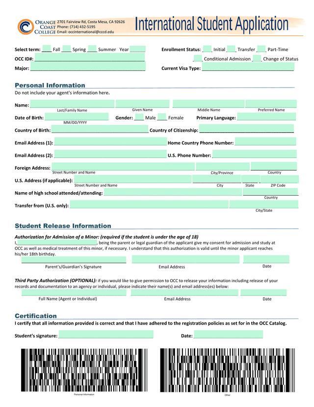 International Student Enrollment Form screenshot