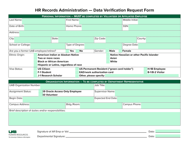 HR Records Administration  Data Verification Request Form screenshot