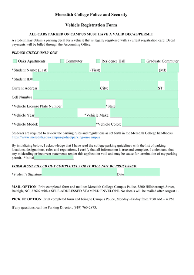 Meredith College Police And Security Vehicle Registration Form screenshot
