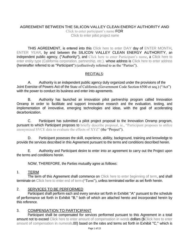 Agreement Between Silicon Valley Clean Energy Authority And Participant For Innovation Onramp Pilot  screenshot