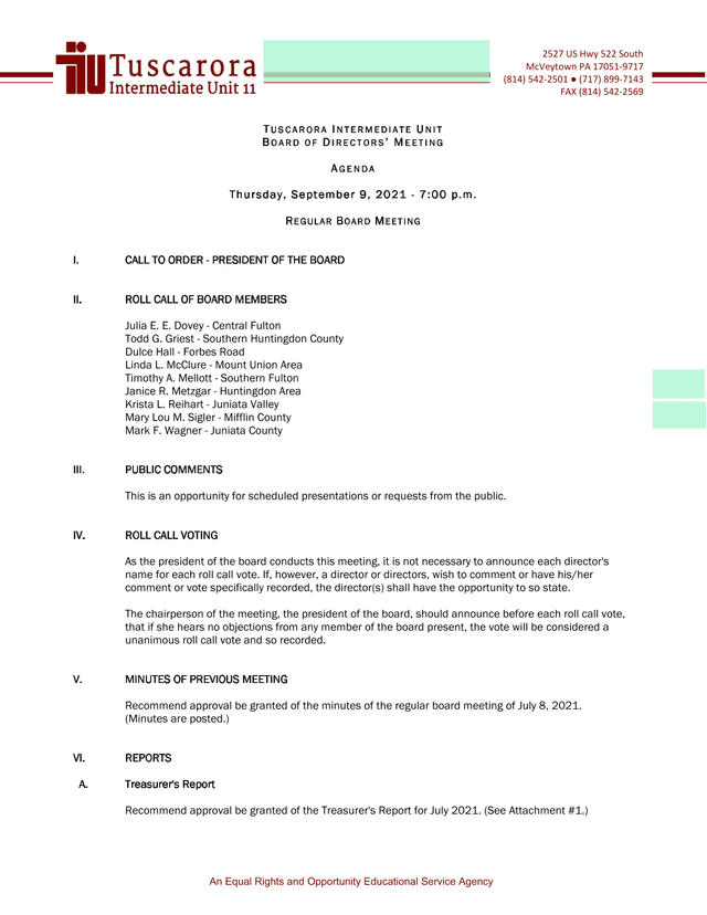 Tuscarora Intermediate Unit Board Of Directors Meeting Agenda screenshot