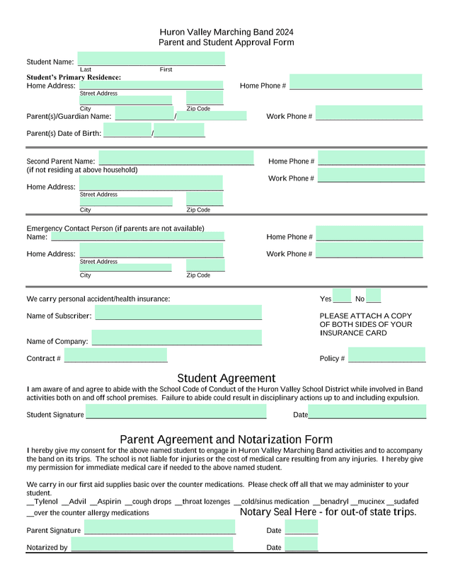 Huron Valley Marching Band 2024 Parent And Student Approval Form screenshot