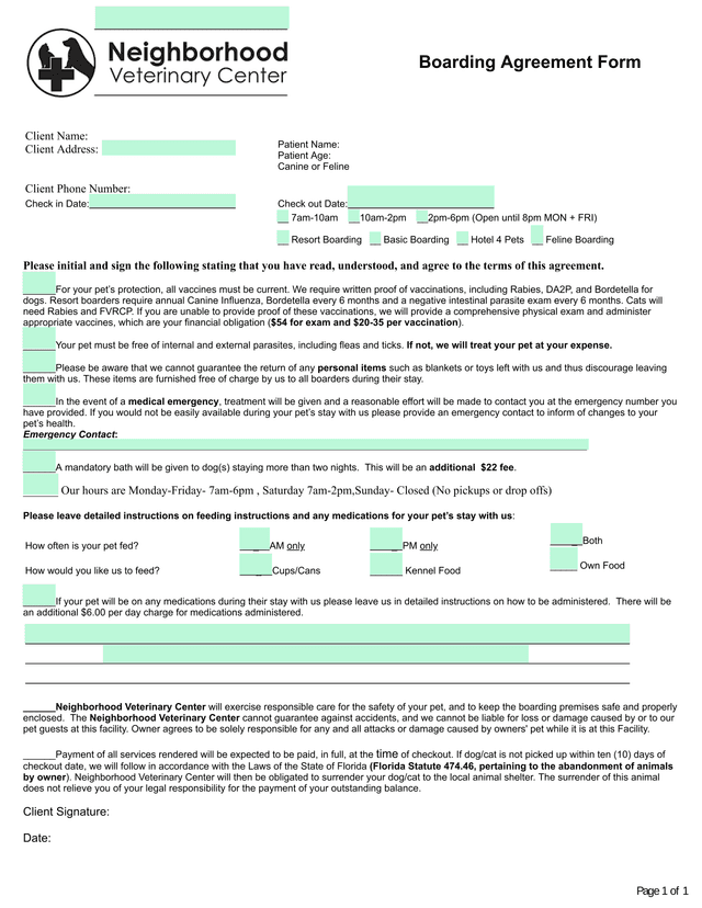 Boarding Agreement Form screenshot
