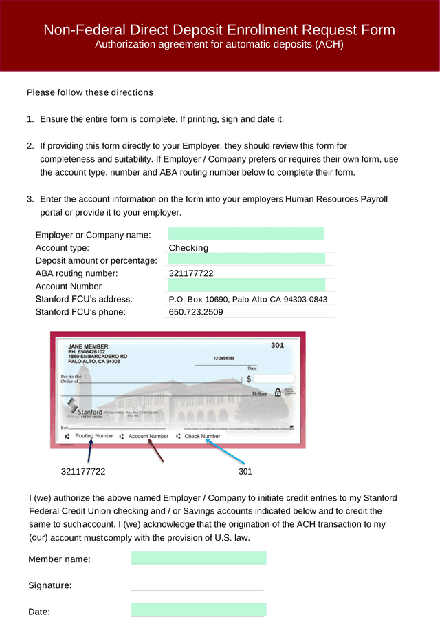 Non Federal Direct Deposit Enrollment Request Form screenshot
