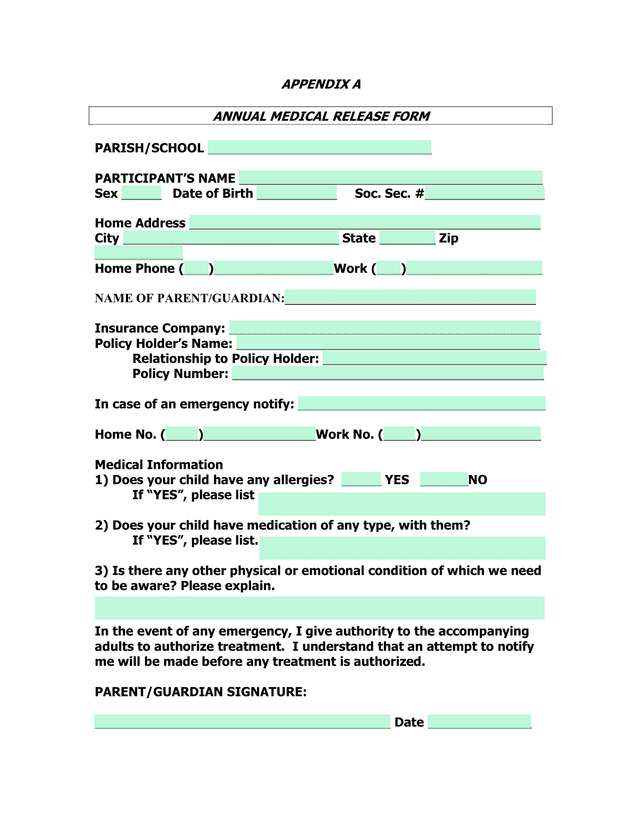 ANNUAL MEDICAL RELEASE FORM screenshot