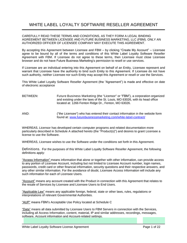 White Label Loyalty Software Reseller Agreement screenshot