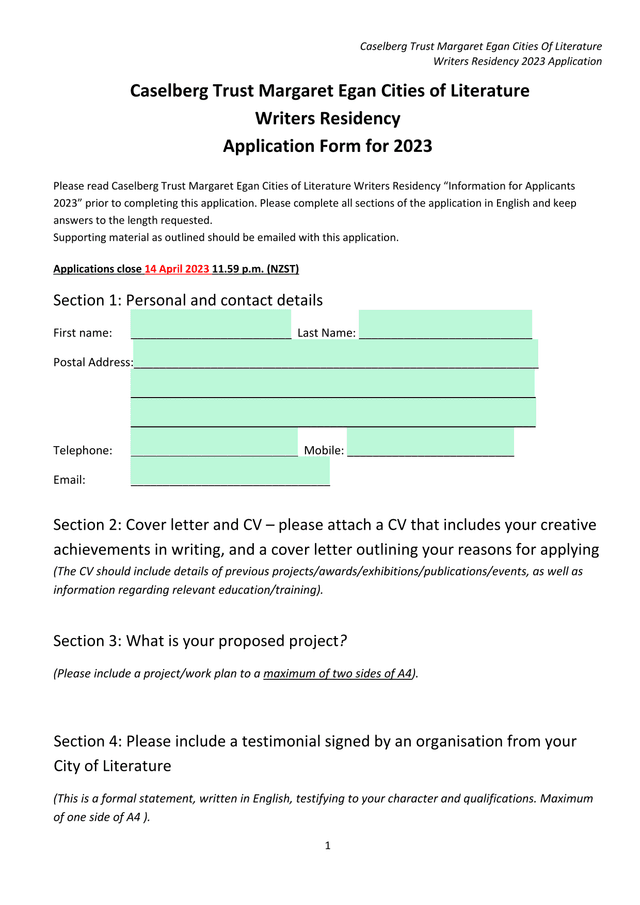 Caselberg Trust Margaret Egan Cities Of Literature Writers Residency Application Form For 2023 screenshot