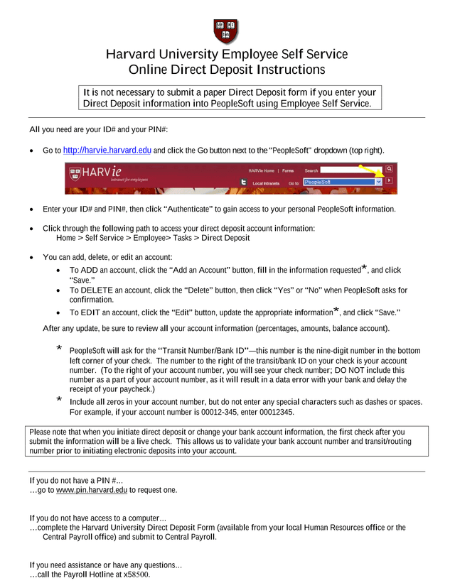 Harvard University Employee Self Service Online Direct Deposit Instructions screenshot