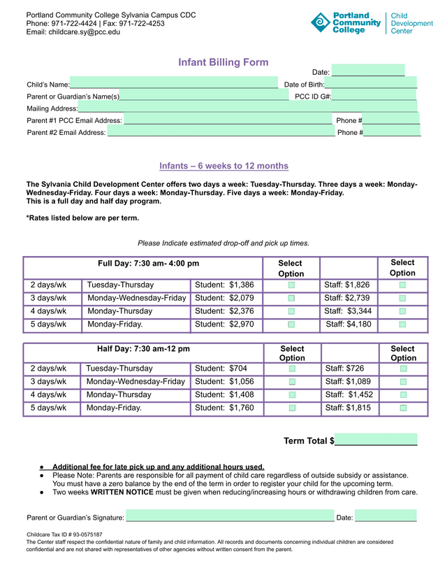 Infant Billing Form screenshot