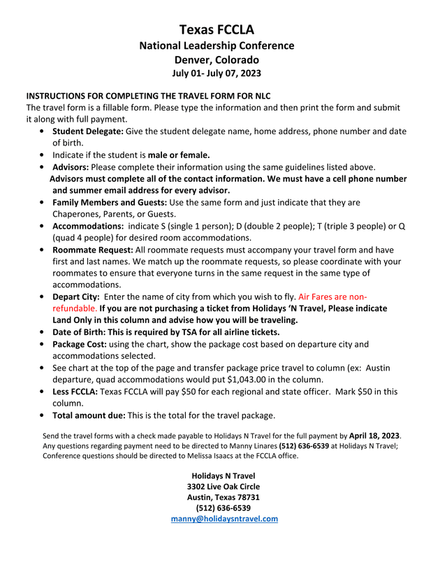 Texas FCCLA National Leadership Conference Travel Form screenshot