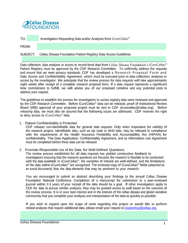 Celiac Disease Foundation Patient Registry Data Access Guidelines screenshot