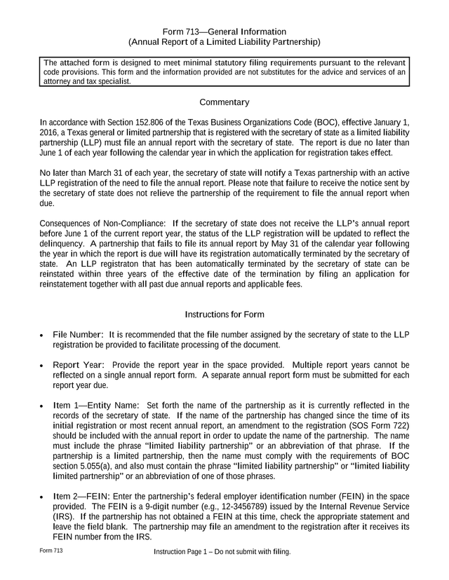 Form 713   General Information (Annual Report Of A Limited Liability Partnership) screenshot