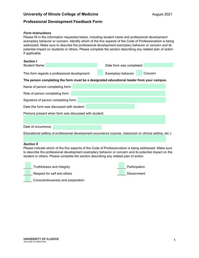 Professional Development Feedback Form screenshot
