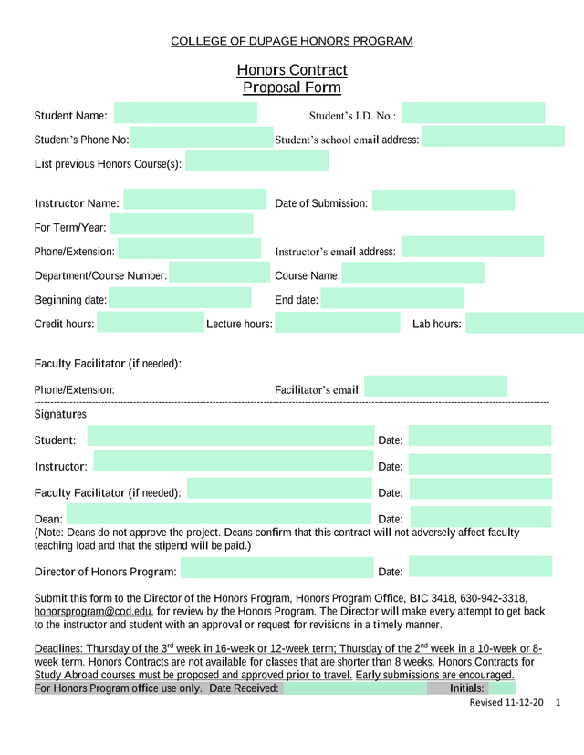 College Of DuPage Honors Program Honors Contract Proposal Form screenshot