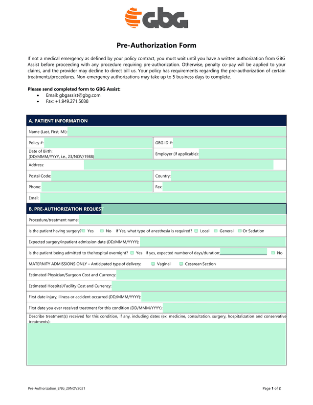 Pre Authorization Form screenshot