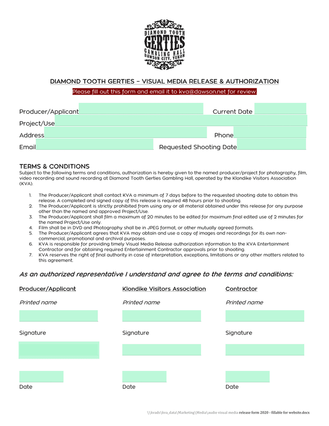 DIAMOND TOOTH GERTIES  VISUAL MEDIA RELEASE  AUTHORIZATION screenshot