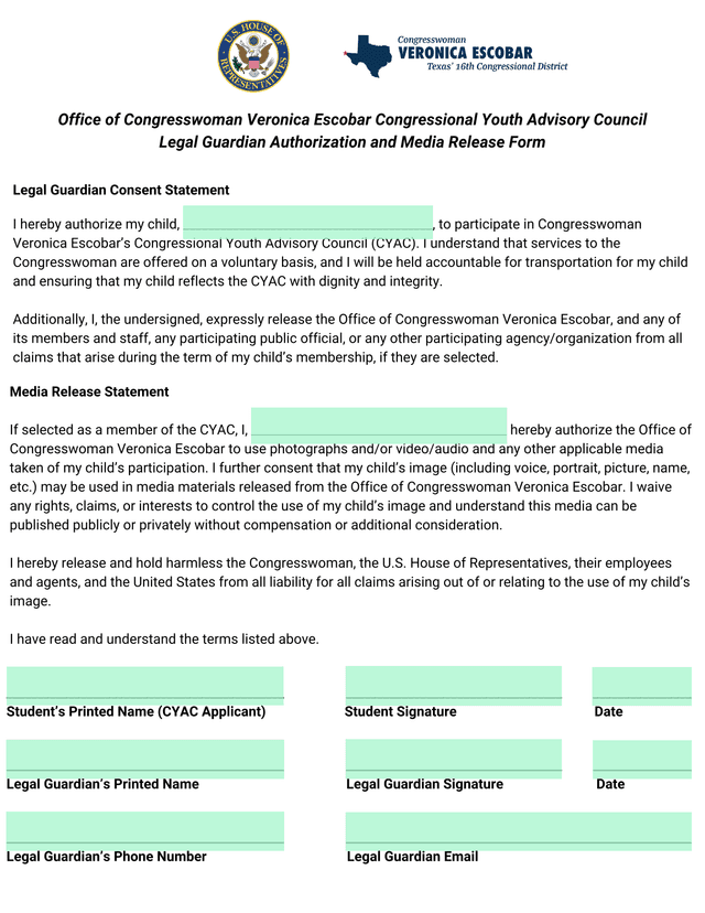 Congressional Youth Advisory Council Legal Guardian Authorization And Media Release Form screenshot