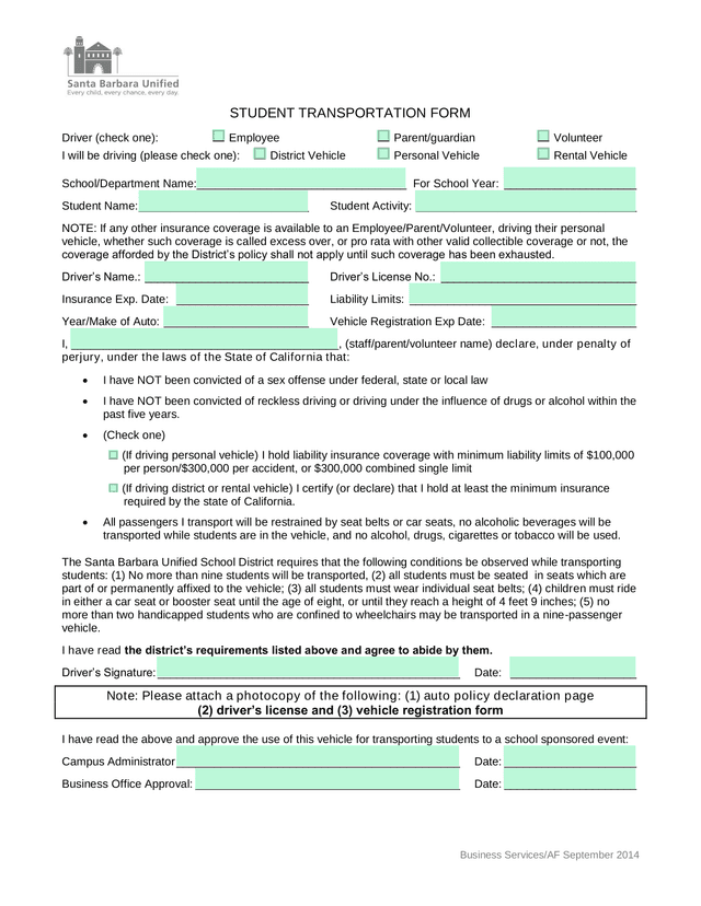 Student Transportation Form screenshot