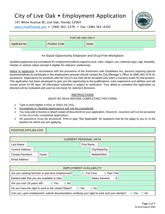 City Of Live Oak Employment Application screenshot