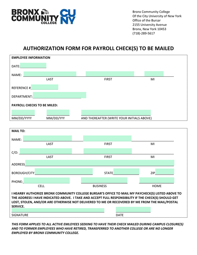 Authorization Form For Payroll Check(S) To Be Mailed screenshot