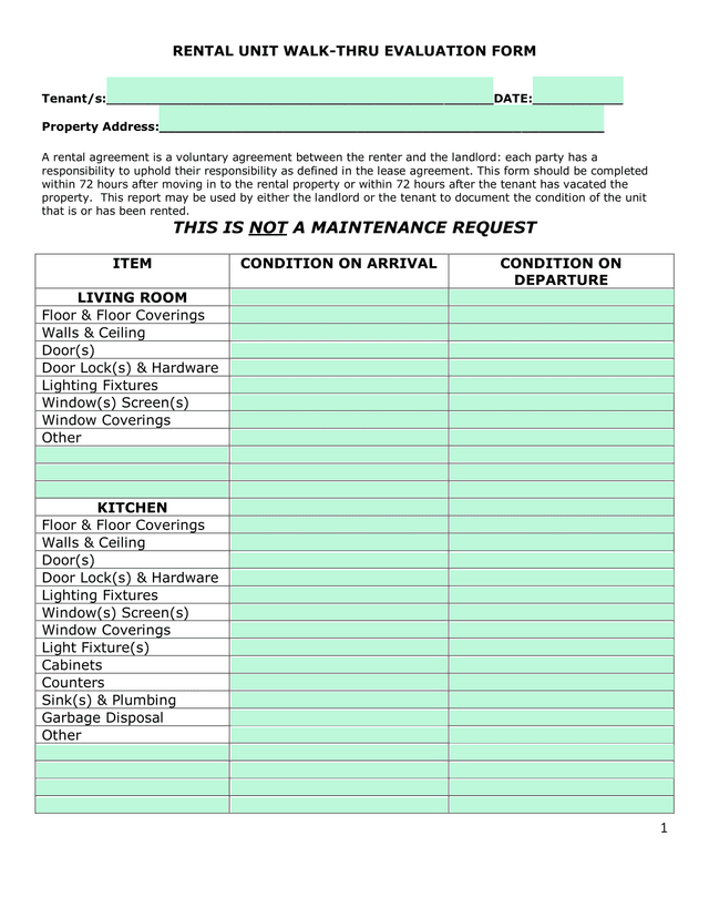 RENTAL UNIT WALK THRU EVALUATION FORM screenshot