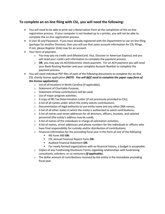 CSL Online Charity License Application Instructions screenshot