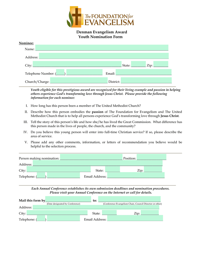 Denman Evangelism Award Youth Nomination Form screenshot