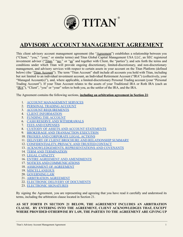 Advisory Account Management Agreement screenshot