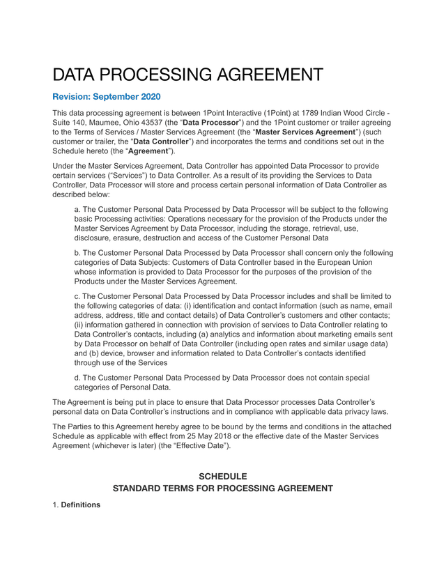 DATA PROCESSING AGREEMENT screenshot
