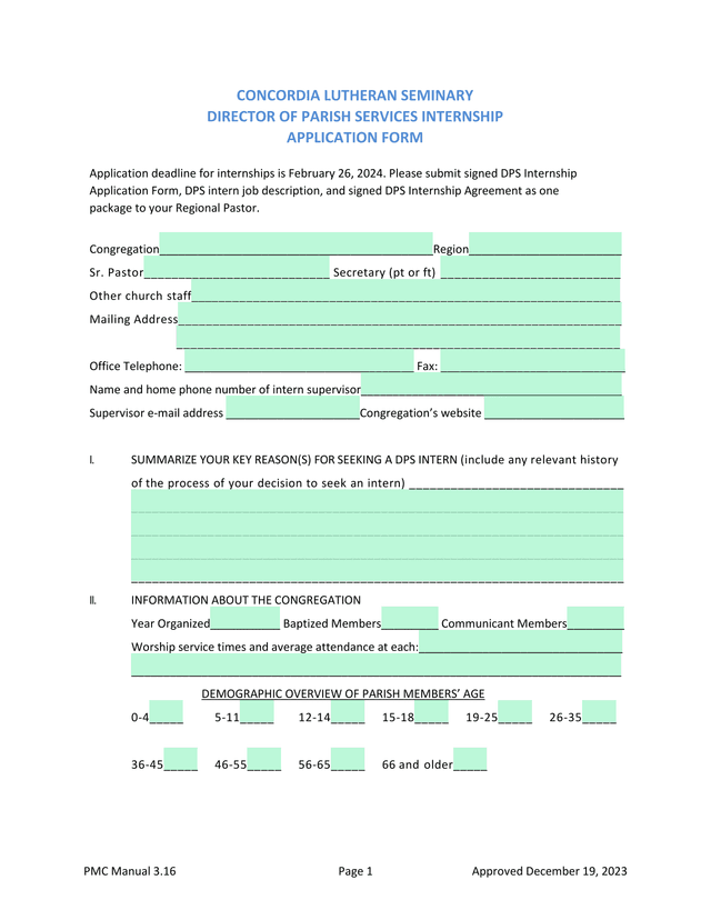 DIRECTOR OF PARISH SERVICES INTERNSHIP APPLICATION FORM screenshot