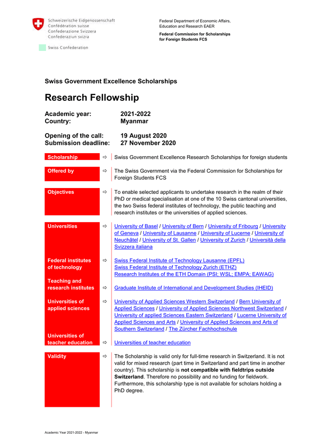 Swiss Government Excellence Research Scholarships For Foreign Students screenshot