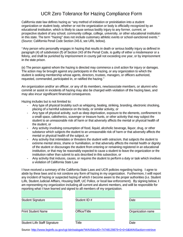UCR Zero Tolerance For Hazing Compliance Form screenshot