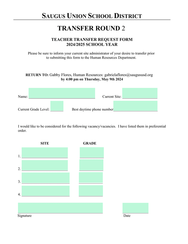 SAUGUS UNION SCHOOL DISTRICT TEACHER TRANSFER REQUEST FORM screenshot