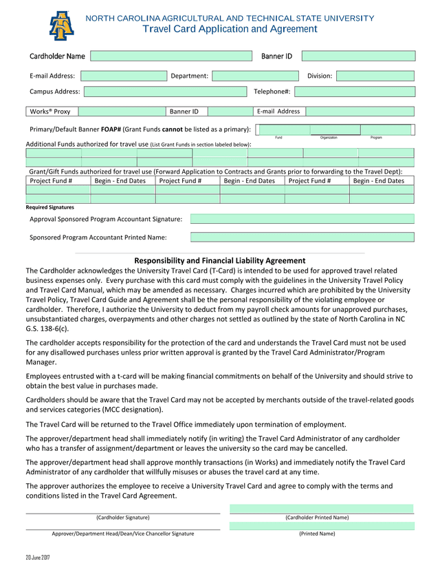 Travel Card Application And Agreement screenshot