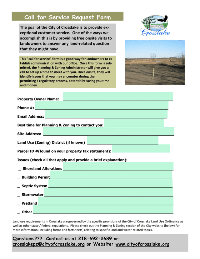 Call For Service Request Form screenshot