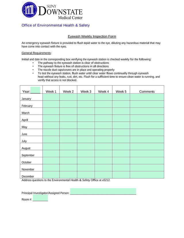 Eyewash Weekly Inspection Form screenshot