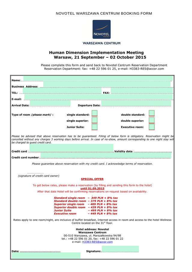 NOVOTEL WARSZAWA CENTRUM BOOKING FORM screenshot