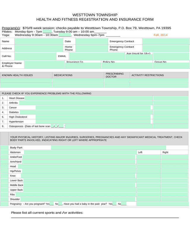 Westtown Township Health And Fitness Registration And Insurance Form screenshot