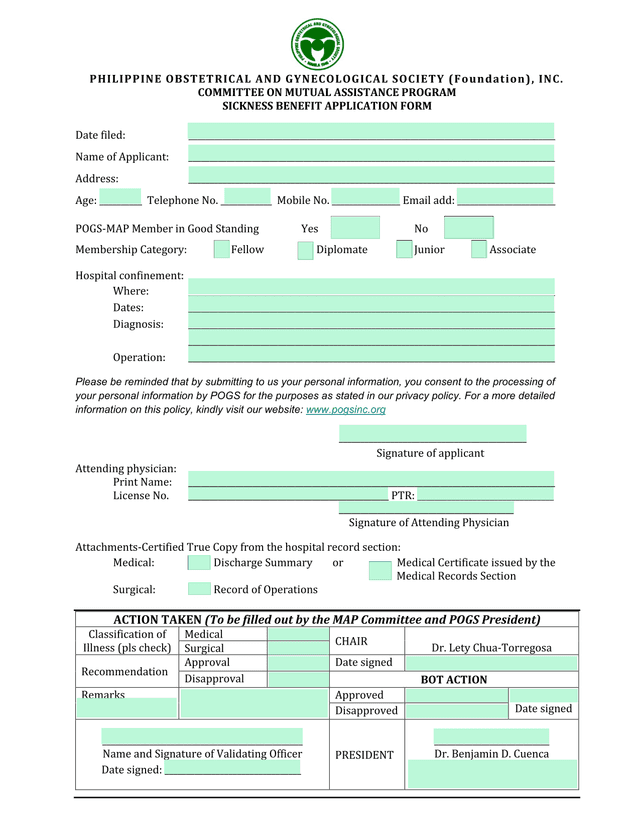 POGS Sickness Benefit Application Form screenshot