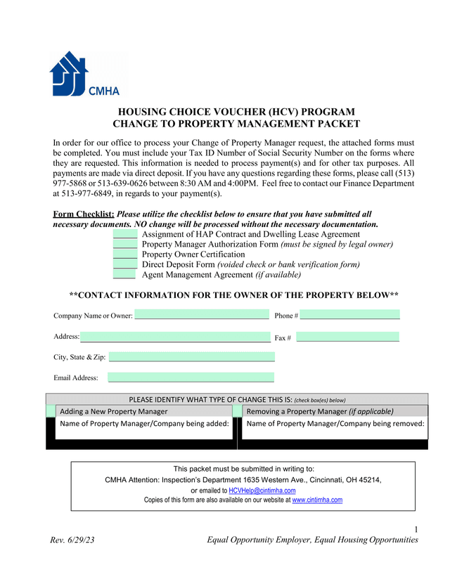 Housing Choice Voucher (HCV) Program Change To Property Management Packet screenshot