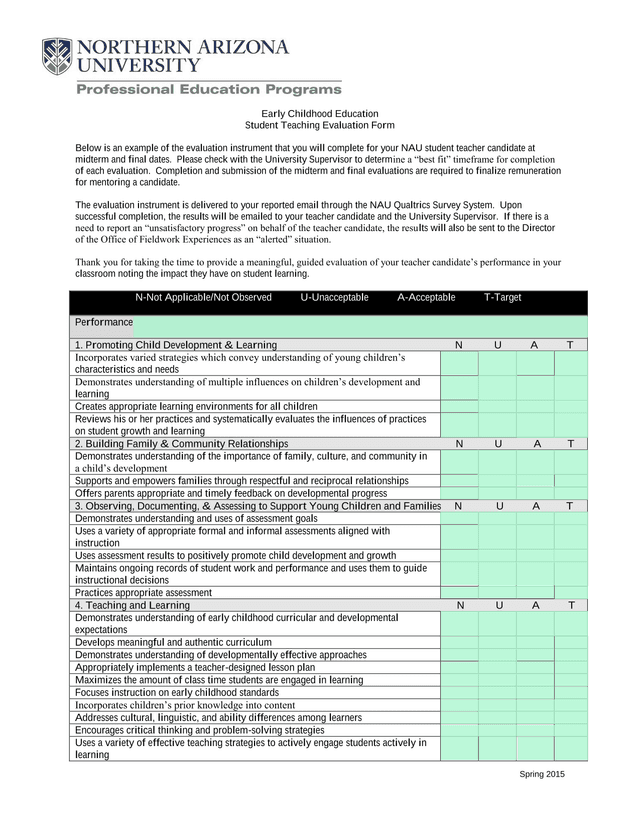 Early Childhood Education Student Teaching Evaluation Form screenshot